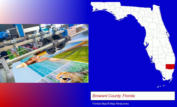 a press run on an offset printer; Broward County, Florida highlighted in red on a map