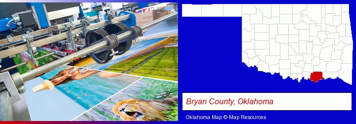 a press run on an offset printer; Bryan County, Oklahoma highlighted in red on a map