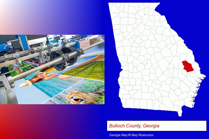 a press run on an offset printer; Bulloch County, Georgia highlighted in red on a map