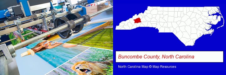 a press run on an offset printer; Buncombe County, North Carolina highlighted in red on a map