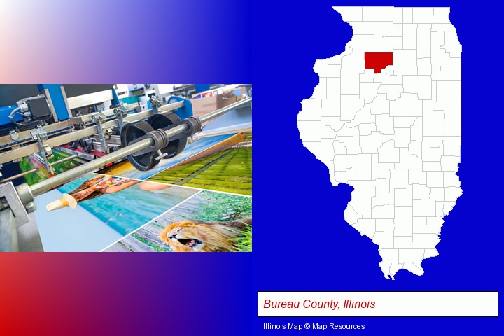 a press run on an offset printer; Bureau County, Illinois highlighted in red on a map