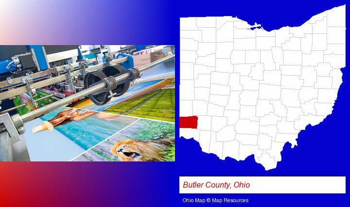 a press run on an offset printer; Butler County, Ohio highlighted in red on a map
