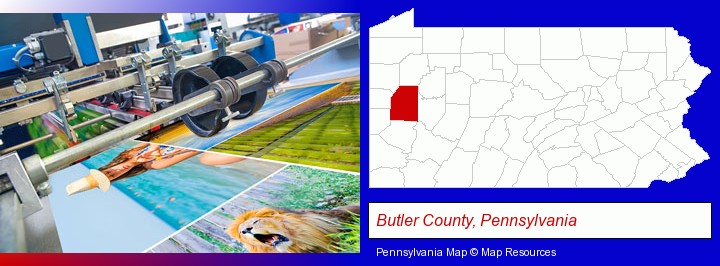 a press run on an offset printer; Butler County, Pennsylvania highlighted in red on a map