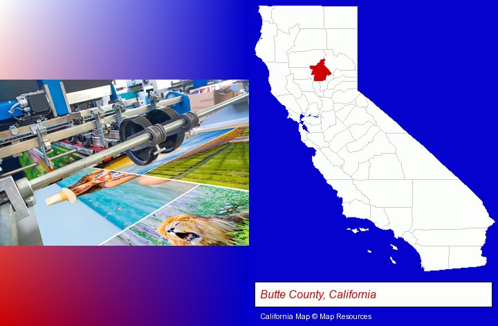 a press run on an offset printer; Butte County, California highlighted in red on a map
