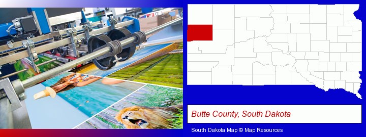 a press run on an offset printer; Butte County, South Dakota highlighted in red on a map