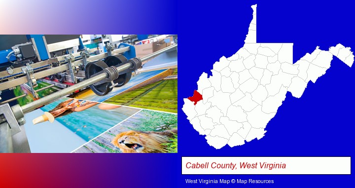 a press run on an offset printer; Cabell County, West Virginia highlighted in red on a map