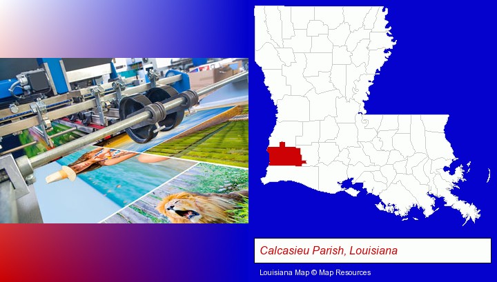 a press run on an offset printer; Calcasieu Parish, Louisiana highlighted in red on a map