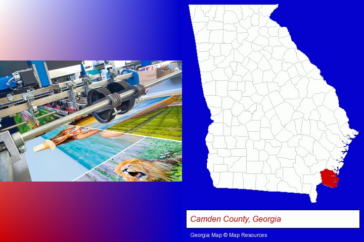 a press run on an offset printer; Camden County, Georgia highlighted in red on a map