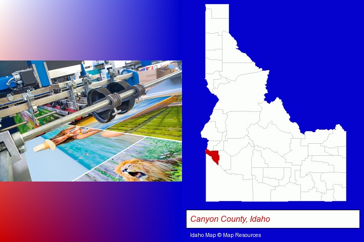 a press run on an offset printer; Canyon County, Idaho highlighted in red on a map