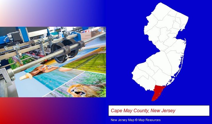 a press run on an offset printer; Cape May County, New Jersey highlighted in red on a map