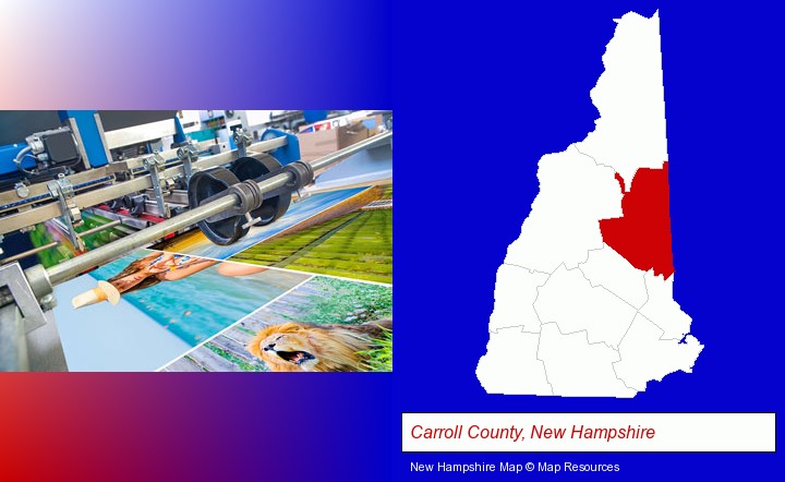 a press run on an offset printer; Carroll County, New Hampshire highlighted in red on a map