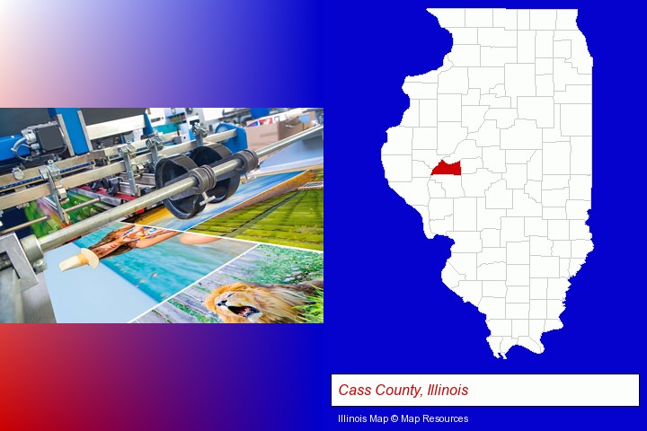 a press run on an offset printer; Cass County, Illinois highlighted in red on a map
