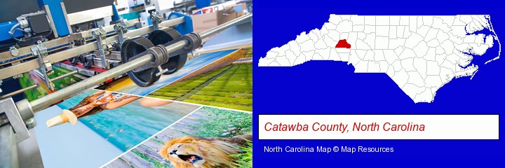 a press run on an offset printer; Catawba County, North Carolina highlighted in red on a map