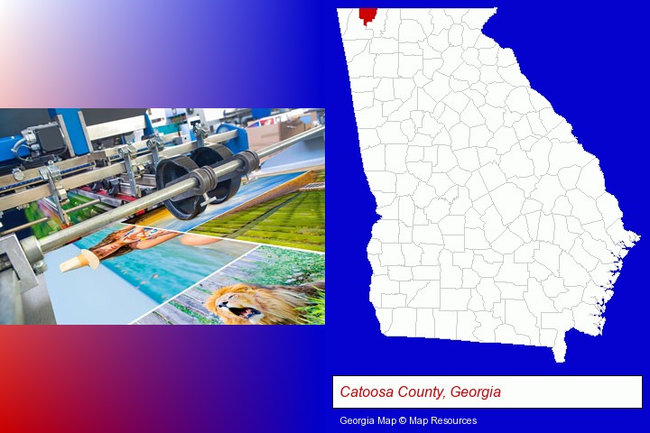 a press run on an offset printer; Catoosa County, Georgia highlighted in red on a map