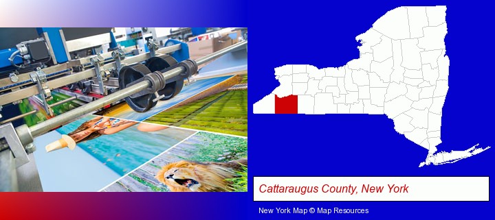 a press run on an offset printer; Cattaraugus County, New York highlighted in red on a map
