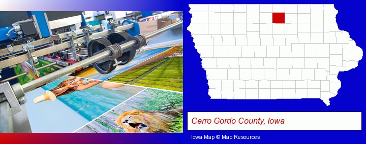a press run on an offset printer; Cerro Gordo County, Iowa highlighted in red on a map