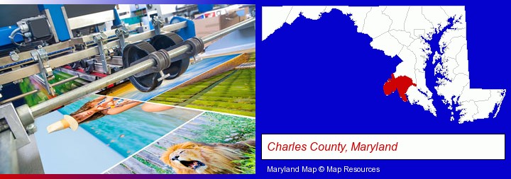 a press run on an offset printer; Charles County, Maryland highlighted in red on a map