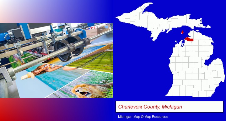 a press run on an offset printer; Charlevoix County, Michigan highlighted in red on a map