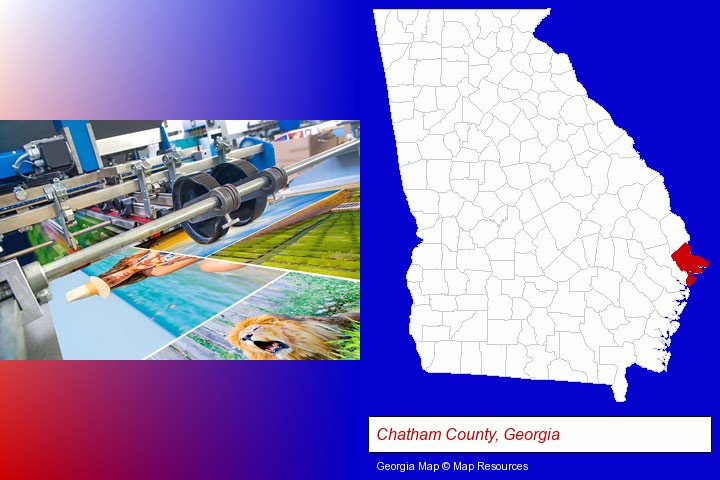 a press run on an offset printer; Chatham County, Georgia highlighted in red on a map