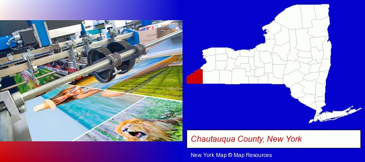 a press run on an offset printer; Chautauqua County, New York highlighted in red on a map