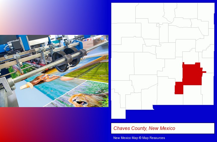 a press run on an offset printer; Chaves County, New Mexico highlighted in red on a map