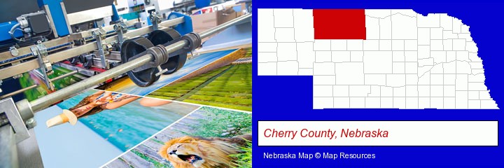 a press run on an offset printer; Cherry County, Nebraska highlighted in red on a map