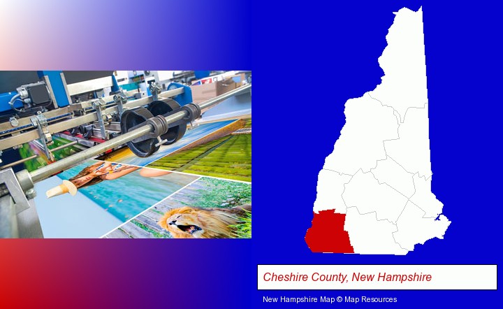 a press run on an offset printer; Cheshire County, New Hampshire highlighted in red on a map