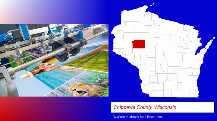 a press run on an offset printer; Chippewa County, Wisconsin highlighted in red on a map