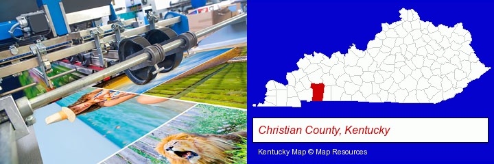 a press run on an offset printer; Christian County, Kentucky highlighted in red on a map