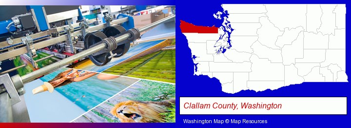 a press run on an offset printer; Clallam County, Washington highlighted in red on a map
