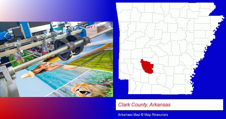 a press run on an offset printer; Clark County, Arkansas highlighted in red on a map