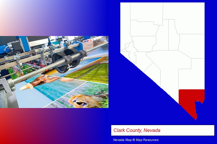 a press run on an offset printer; Clark County, Nevada highlighted in red on a map