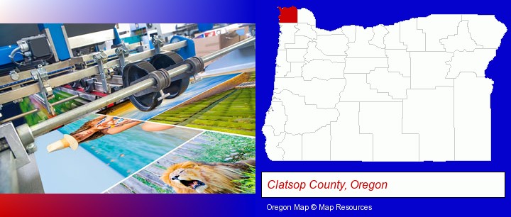 a press run on an offset printer; Clatsop County, Oregon highlighted in red on a map