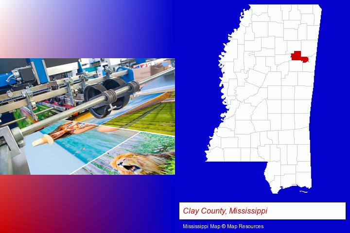 a press run on an offset printer; Clay County, Mississippi highlighted in red on a map
