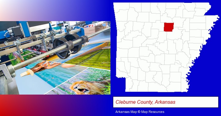 a press run on an offset printer; Cleburne County, Arkansas highlighted in red on a map