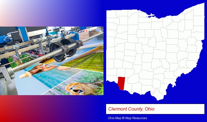 a press run on an offset printer; Clermont County, Ohio highlighted in red on a map