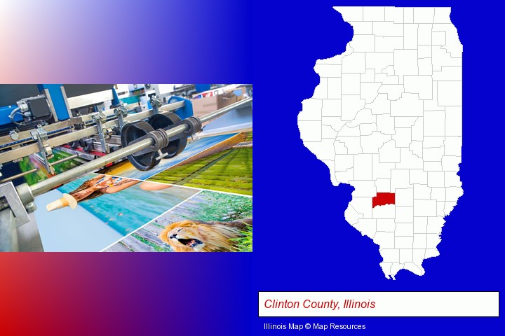 a press run on an offset printer; Clinton County, Illinois highlighted in red on a map