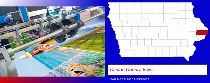 a press run on an offset printer; Clinton County, Iowa highlighted in red on a map