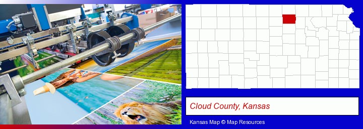 a press run on an offset printer; Cloud County, Kansas highlighted in red on a map