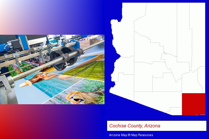 a press run on an offset printer; Cochise County, Arizona highlighted in red on a map