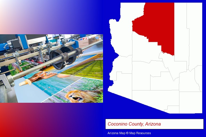 a press run on an offset printer; Coconino County, Arizona highlighted in red on a map