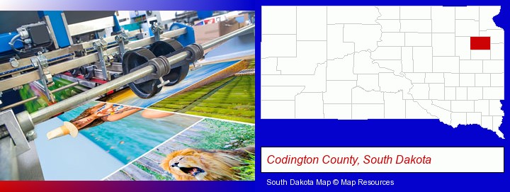 a press run on an offset printer; Codington County, South Dakota highlighted in red on a map