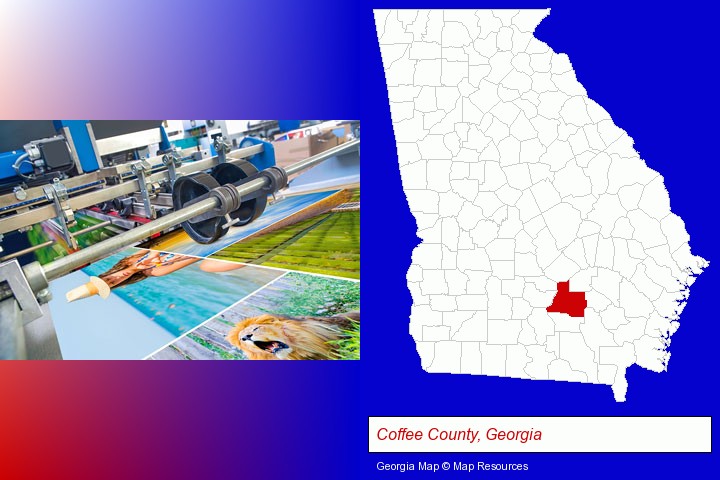 a press run on an offset printer; Coffee County, Georgia highlighted in red on a map