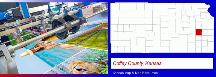 a press run on an offset printer; Coffey County, Kansas highlighted in red on a map