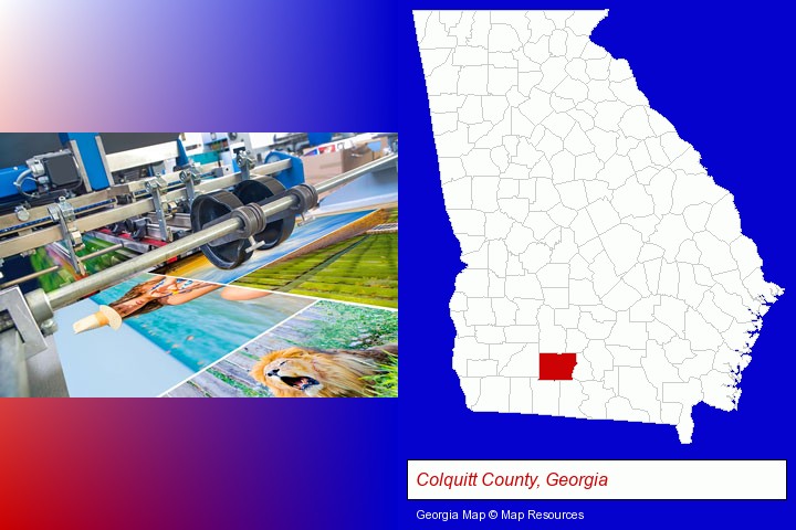 a press run on an offset printer; Colquitt County, Georgia highlighted in red on a map