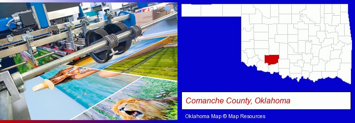 a press run on an offset printer; Comanche County, Oklahoma highlighted in red on a map
