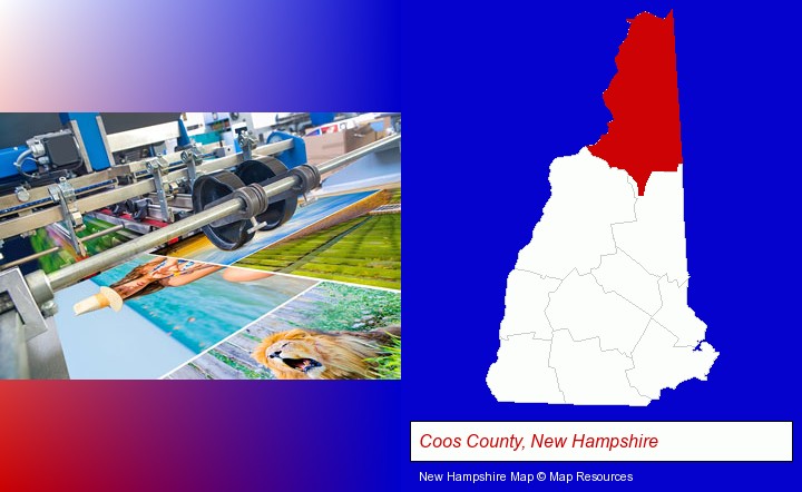 a press run on an offset printer; Coos County, New Hampshire highlighted in red on a map