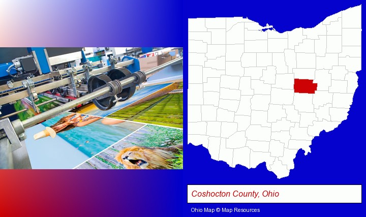 a press run on an offset printer; Coshocton County, Ohio highlighted in red on a map