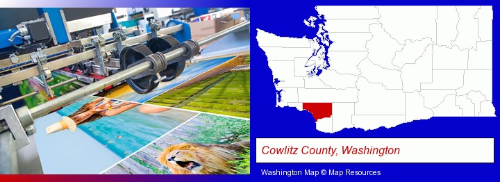 a press run on an offset printer; Cowlitz County, Washington highlighted in red on a map