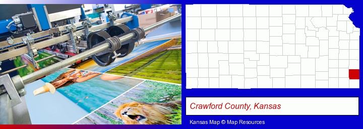 a press run on an offset printer; Crawford County, Kansas highlighted in red on a map